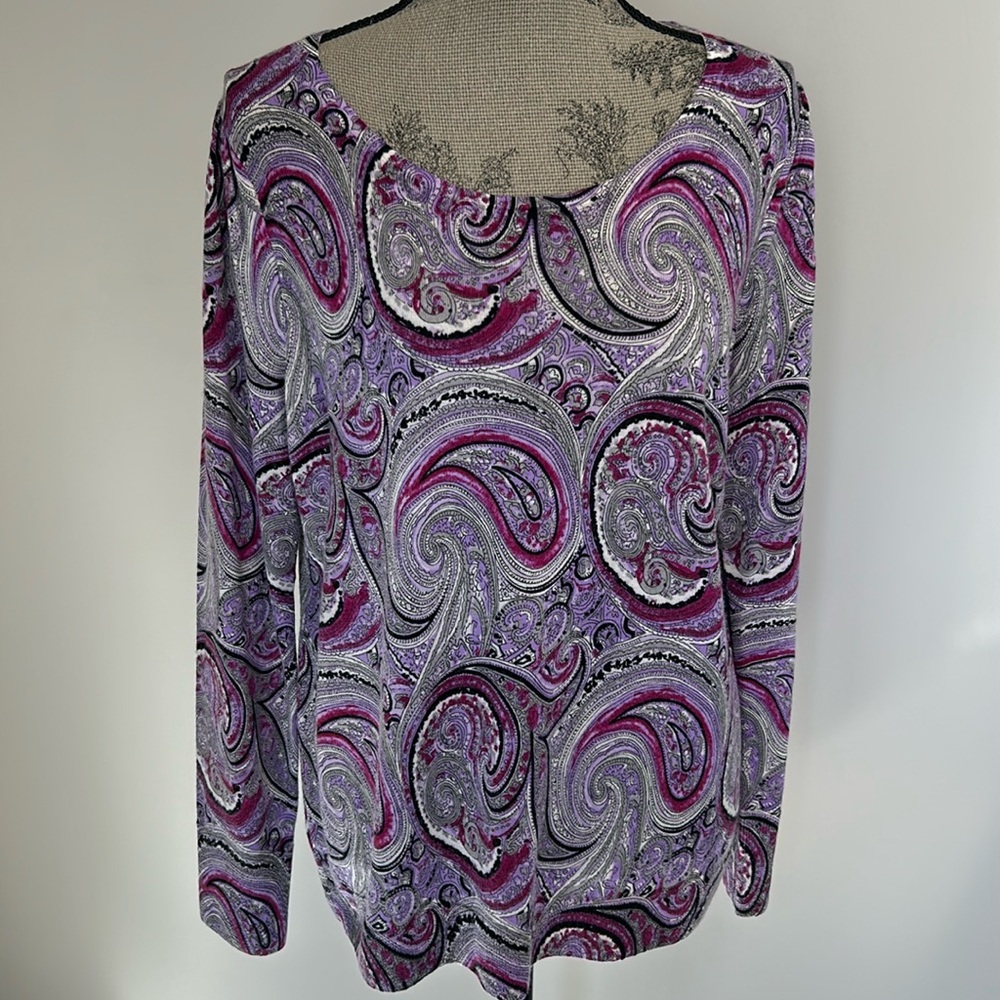 Talbots Pure Merino Wool Purple Paisley LS Round Neck Pullover Sweater Top Sz L